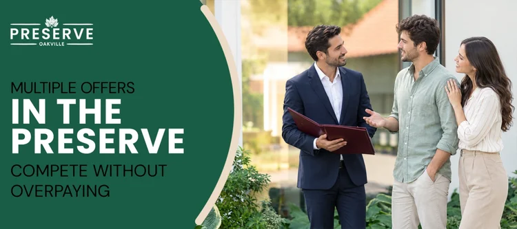 Real estate agent discussing offer strategies with home buyers for how to win multiple offers in The Preserve Oakville.