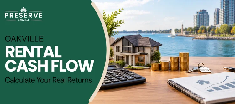 Model house with coins and calculator beside waterfront skyline with title Oakville Rental Cash Flow Calculate Your Real Returns