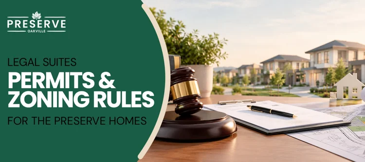 Gavel, permit documents, and architectural plans illustrating secondary suites and home additions rules in The Preserve Oakville.