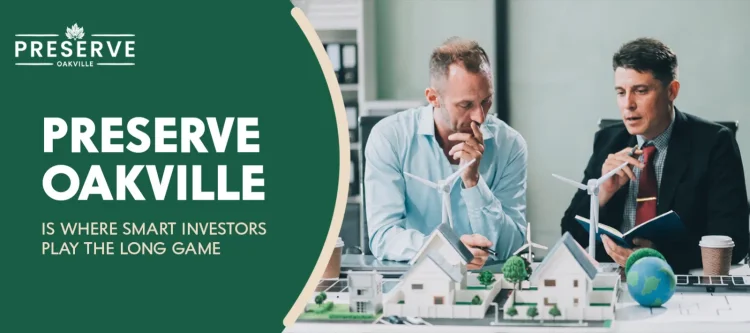 Two professionals reviewing a miniature sustainable housing model with the text "Preserve Oakville" on a green background.