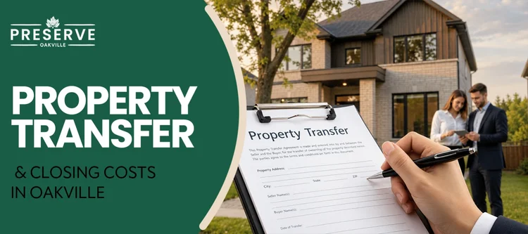 Hand signing a Property Transfer document in front of a modern home, covering Oakville buyer closing costs guide.