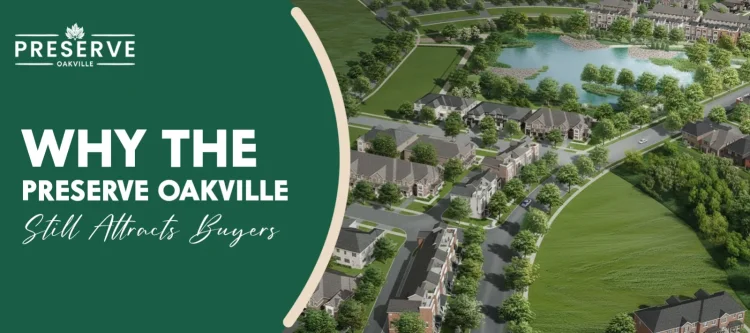 Aerial view of The Preserve Oakville community showing townhomes, green spaces, and parks highlighting why buyers choose this neighbourhood.