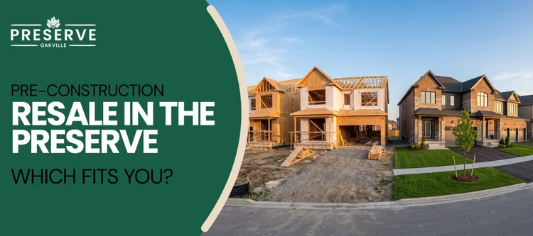 Side-by-side view of pre-construction framing and finished resale houses for Pre-Construction vs Resale in The Preserve.