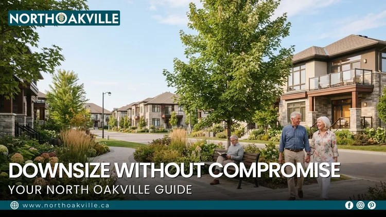 Retirees and empty nesters walking in a North Oakville neighbourhood featuring low-maintenance housing options for downsizing.