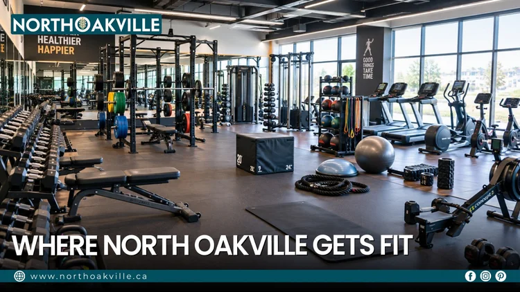 Modern fitness centre in North Oakville featuring professional workout equipment, weight racks, and cardio machines for residents.