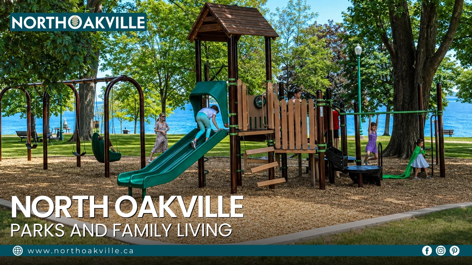 Children playing on a green park slide structure with swings at a scenic waterfront park in North Oakville.