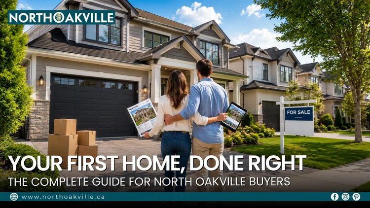 First-time home buyers looking at modern house with moving boxes for North Oakville real estate complete guide web banner.