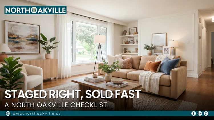 Staged living room with neutral decor showing how to prepare a North Oakville home for sale checklist guide with home staging tips.