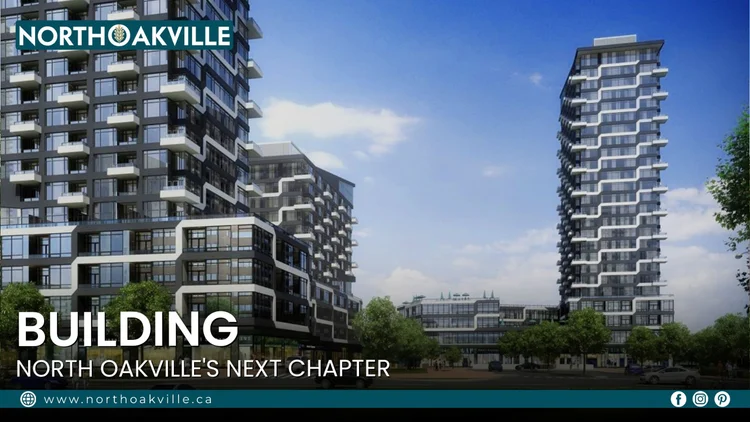 Modern high-rise residential condos in North Oakville showcasing new architectural developments in a buyer's guide banner.