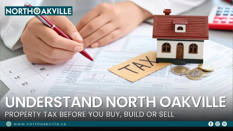 Model house and coins on tax assessment paperwork with pen for North Oakville real estate property tax guide article