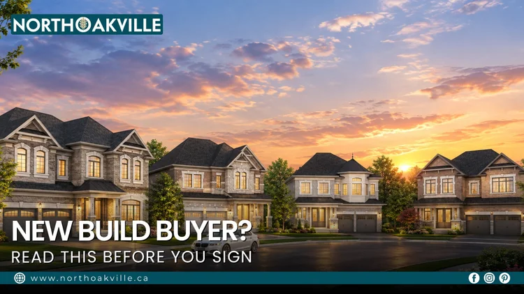 New construction homes line a street in North Oakville, highlighting Tarion warranty and Ontario HST rebate coverage.