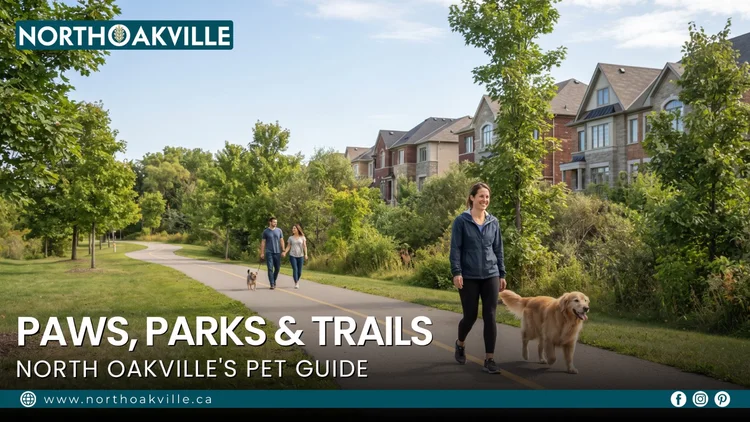 Woman walking a dog along a Sixteen Mile Creek trail near North Oakville homes, highlighting pet-friendly dog parks.