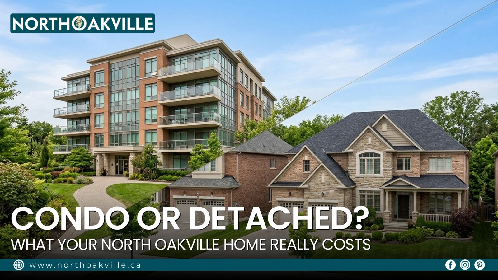 Side-by-side visual of condo building and detached family home comparing real estate costs in North Oakville Ontario