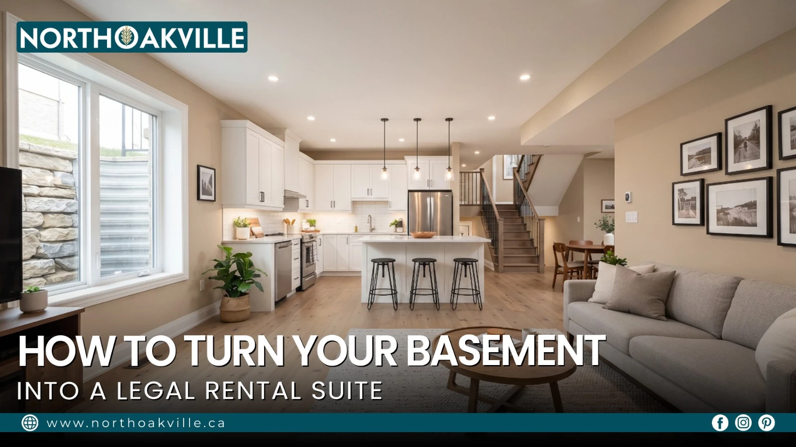 Modern open-concept legal basement apartment in North Oakville featuring a white kitchen with island and a cozy living area.