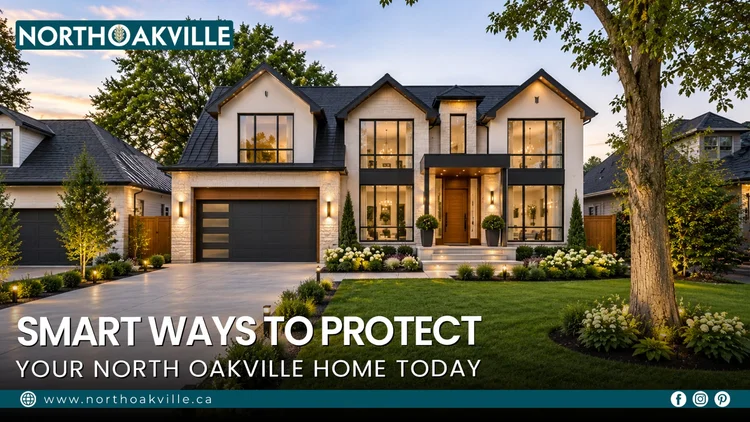 Modern luxury house with outdoor landscape lighting highlighting smart ways to protect your North Oakville home today.