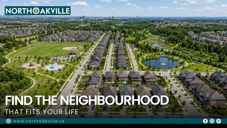 Aerial drone view of North Oakville residential neighbourhood featuring detached homes parks pond and green spaces banner