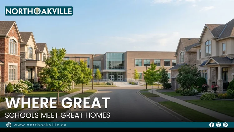 Modern high school building framed by suburban luxury homes for North Oakville real estate and school catchment guide.